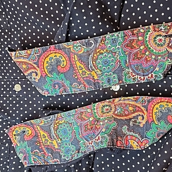 TOMMY HILFIGER NAVY WHITE POLKA DOT LONG ROLL-TAB SLEEVE BUTTON-UP BLOUSE - Picture 13 of 16